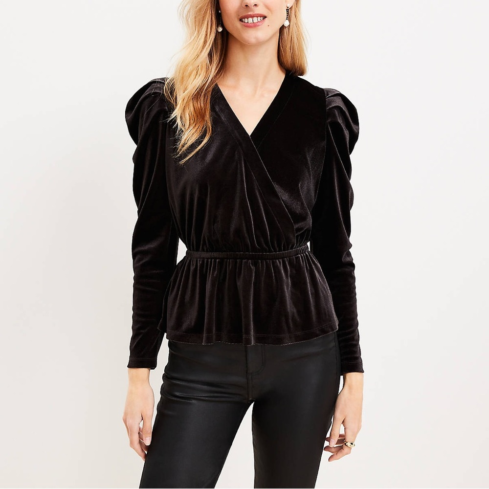 NWT LOFT | Velour Wrap Top Puff Sleeve Solid Black Size Medium